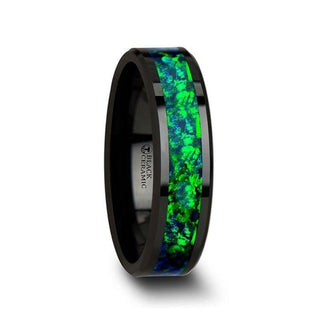 PULSAR Black Ceramic Wedding Band with Beveled Edges and Emerald Green & Sapphire Blue Color Opal Inlay - 6mm or 8 mm - Thorsten Rings