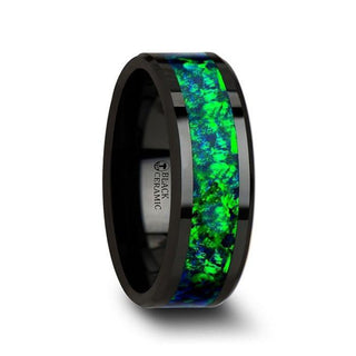 PULSAR Black Ceramic Wedding Band with Beveled Edges and Emerald Green & Sapphire Blue Color Opal Inlay - 6mm or 8 mm - Thorsten Rings