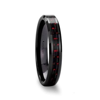 ANTONIUS Beveled Black Ceramic Ring with Black & Red Carbon Fiber - 4mm - 10mm - Thorsten Rings