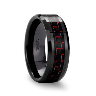 ANTONIUS Beveled Black Ceramic Ring with Black & Red Carbon Fiber - 4mm - 10mm - Thorsten Rings