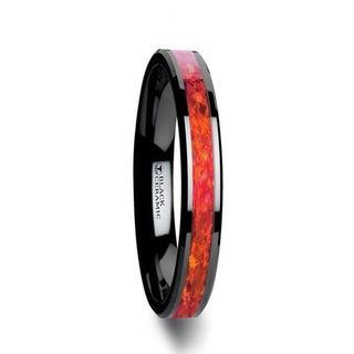 NOVA Black Ceramic Wedding Band with Beveled Edges and Red Opal Inlay - 4mm - 8mm - Thorsten Rings