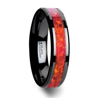 NOVA Black Ceramic Wedding Band with Beveled Edges and Red Opal Inlay - 4mm - 8mm - Thorsten Rings