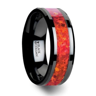 NOVA Black Ceramic Wedding Band with Beveled Edges and Red Opal Inlay - 4mm - 8mm - Thorsten Rings