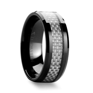 MYSTIQUE Beveled White Carbon Fiber Inlaid Ceramic Ring - 8mm - Thorsten Rings