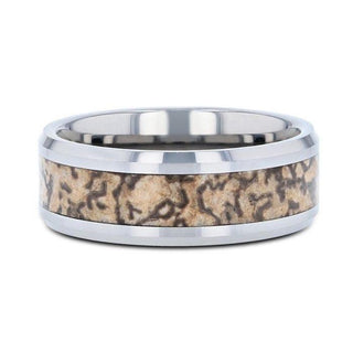 ORDOVICIAN Dinosaur Bone Inlaid Tungsten Carbide Beveled Edged Ring - 4mm or 8mm - Thorsten Rings