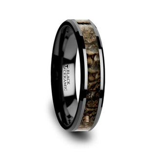 SILURIAN Dinosaur Bone Inlaid Black Ceramic Beveled Edged Ring - 4mm or 8mm - Thorsten Rings