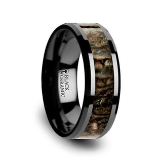 SILURIAN Dinosaur Bone Inlaid Black Ceramic Beveled Edged Ring - 4mm or 8mm - Thorsten Rings