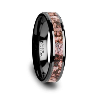 CAMBRIAN Pink Dinosaur Bone Inlaid Black Ceramic Beveled Edged Ring - 4mm & 8mm - Thorsten Rings