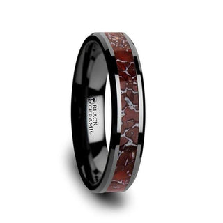 TRIASSIC Red Dinosaur Bone Inlaid Black Ceramic Beveled Edged Ring - 4mm - Thorsten Rings