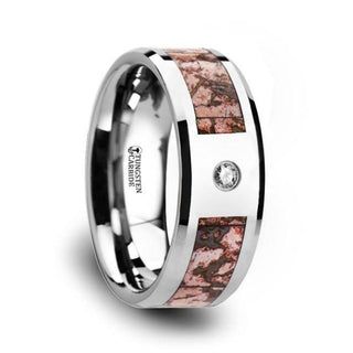 Pink Dinosaur Bone Inlaid Tungsten Carbide Diamond Wedding Band with Beveled Edges - 8mm - Thorsten Rings