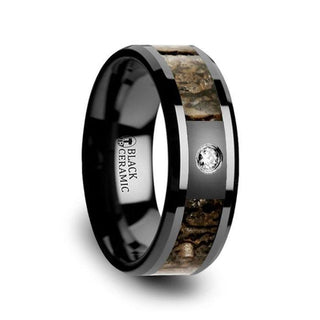 Brown Dinosaur Bone Inlaid Black Ceramic Diamond Wedding Band with Beveled Edges - 8mm - Thorsten Rings