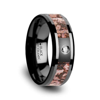 Pink Dinosaur Bone Inlaid Black Ceramic Diamond Wedding Band with Beveled Edges - 8mm - Thorsten Rings