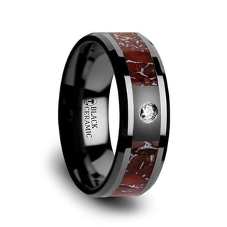 Red Dinosaur Bone Inlaid Black Ceramic Diamond Wedding Band with Beveled Edges - 8mm - Thorsten Rings