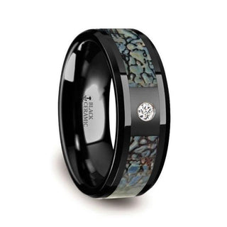 Blue Dinosaur Bone Inlaid Black Ceramic Diamond Wedding Band with Beveled Edges - 8mm - Thorsten Rings