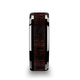 UMBRA Black Ebony Wood Inlaid Black Ceramic Ring with Beveled Edges - 8mm - Thorsten Rings