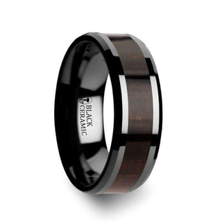 UMBRA Black Ebony Wood Inlaid Black Ceramic Ring with Beveled Edges - 8mm - Thorsten Rings