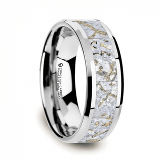 MESOZOIC Men’s Tungsten Flat Beveled Wedding Ring with White Dinosaur Bone Inlay - 4mm or 8mm - Thorsten Rings