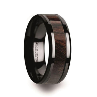 BENNY Black Ceramic Polished Beveled Edges Men’s Wedding Band with Bubinga Wood Inlay - 8mm - Thorsten Rings