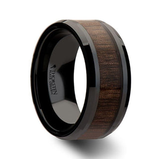 YUKON Beveled Black Ceramic Ring with Black Walnut Wood Inlay - 10mm - Thorsten Rings