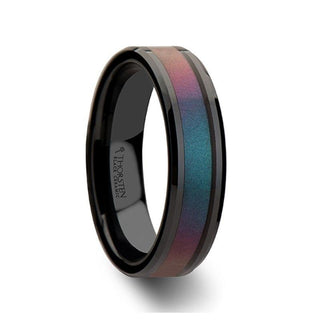 BARRACUDA Black Ceramic Ring with Bevels and Blue-Purple Color Changing Inlay - 6mm - 10mm - Thorsten Rings
