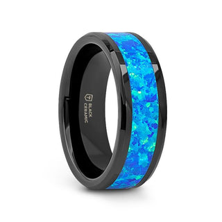 QUANTUM Black Ceramic Ring with Blue Green Opal Inlay - 4mm - 10mm - Thorsten Rings