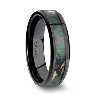 RANGER Beveled Black Ceramic Wedding Ring with Real Military Style Jungle Camo - 6mm - 10mm - Thorsten Rings