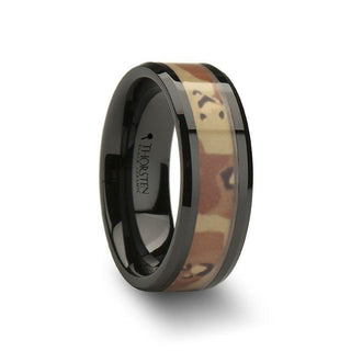 FOX Beveled Black Ceramic Ring with Real Military Style Desert Camo - 8mm - Thorsten Rings