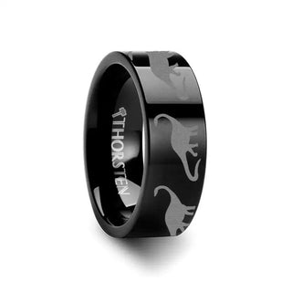 Dinosaur Brachiosaurus Ring Prehistoric Paleo Engraved Flat Black Tungsten Ring - 4mm - 12mm - Thorsten Rings