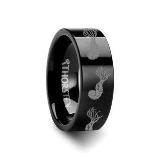 Dinosaur Ammonite Ring Prehistoric Paleo Engraved Flat Black Tungsten Ring - 4mm - 12mm - Thorsten Rings