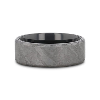 DIEMOS Flat Black Titanium Ring with Meteorite and Beveled Edges - 8mm - Thorsten Rings