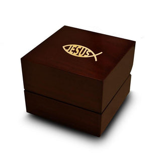 Christianity Jesus Script Fish Symbol Engraved Wood Ring Box Chocolate Dark Wood Personalized Wooden Wedding Ring Box - Thorsten Rings