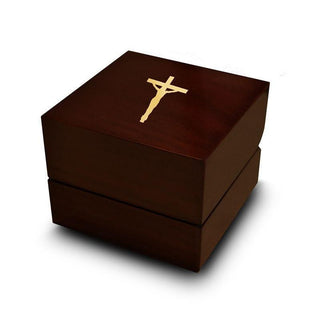 Crucifixion of Christ Cross Symbol Engraved Wood Ring Box Chocolate Dark Wood Personalized Wooden Wedding Ring Box - Thorsten Rings