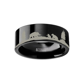 Animal Landscape Scene Bears Bear Cubs Ring Engraved Flat Black Tungsten Ring - 4mm -12mm - Thorsten Rings