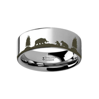 Animal Landscape Scene Bears Bear Cubs Ring Engraved Flat Tungsten Ring - 4mm - 12mm - Thorsten Rings