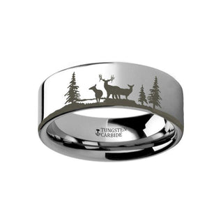 Animal Landscape Scene Reindeer Deer Stag Ring Engraved Flat Tungsten Ring - 4mm - 12mm - Thorsten Rings