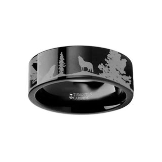 Animal Landscape Scene Wolf Wolves Ring Engraved Flat Black Tungsten Ring - 4mm - 12mm - Thorsten Rings