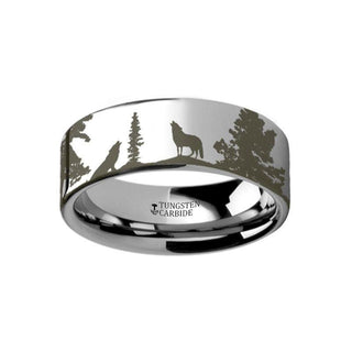 Animal Landscape Scene Wolf Wolves Ring Engraved Flat Tungsten Ring - 4mm - 12mm - Thorsten Rings