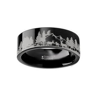 Animal Scene Reindeer Deer Stag Mountain Range Canvas Ring Engraved Flat Black Tungsten Ring - 4mm - 12mm - Thorsten Rings