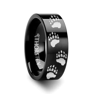 Animal Track Bear Paw Print Engraved Ring Black Tungsten Ring Polished - 4mm - 12mm - Thorsten Rings