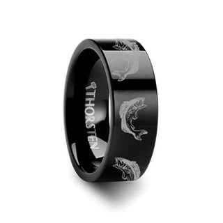 Bass Fish Jumping Sea Print Pattern Ring Engraved Flat Black Tungsten Ring - 4mm - 12mm - Thorsten Rings