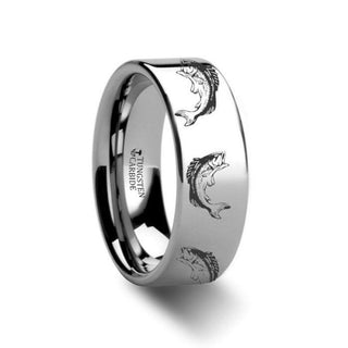 Bass Fish Jumping Sea Print Pattern Ring Engraved Flat Tungsten Ring - 4mm - 12mm - Thorsten Rings