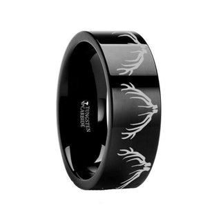 Deer Elk Antler Engraved Ring Flat Black Tungsten Ring Polished- 4mm - 12mm - Thorsten Rings