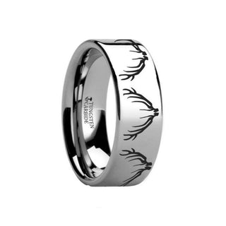 Deer Elk Antler Engraved Ring Flat Tungsten Ring Polished- 4mm - 12mm - Thorsten Rings