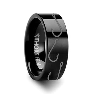 Fishing Hook Pattern Ring Engraved Flat Black Tungsten Ring - 4mm - 12mm - Thorsten Rings