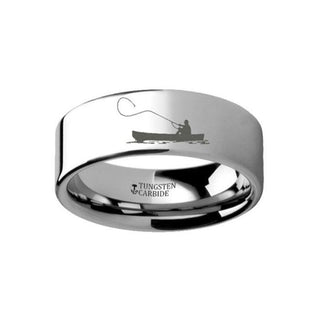 Hunting Landscape Scene Fishing Boat Fishermen Fish Ring Engraved Flat Tungsten Ring - 4mm - 12mm - Thorsten Rings