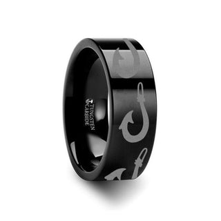 Large Polynesian Fishing Hook Pattern Ring Engraved Flat Black Tungsten Ring - 4mm - 12mm - Thorsten Rings