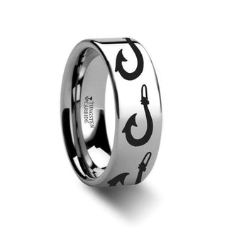 Large Polynesian Fishing Hook Pattern Ring Engraved Flat Tungsten Ring - 4mm - 12mm - Thorsten Rings