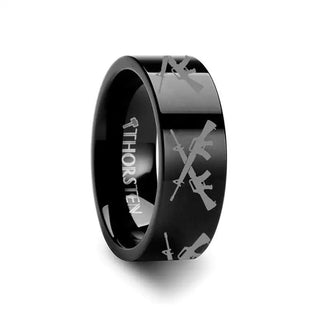 M16 CROSSED Print Design Ring Engraved Flat Tungsten Black Ring - 4mm - 12mm - Thorsten Rings