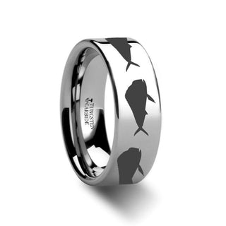 Mahi Fish Jumping Sea Print Pattern Ring Engraved Flat Tungsten Ring - 4mm - 12mm - Thorsten Rings