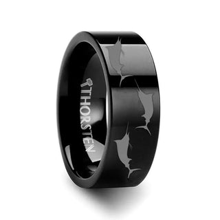 Marlin Fish Sea Print Pattern Ring Engraved Flat Black Tungsten Ring - 4mm - 12mm - Thorsten Rings